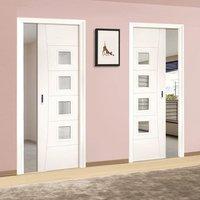 Deanta Unilateral Pocket Pamplona White Primed Flush Door with Clear Safety Glass