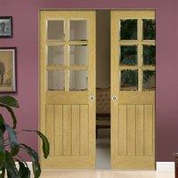 Deanta Ely Unfinished Oak Syntesis Double Pocket Door with Clear Bevelled Glass