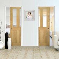 Deanta Unilateral Pocket Eton Real American White Oak Veneer Door with Clear Safety Glass, Unfinished