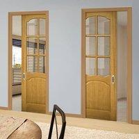 Deanta Unilateral Pocket Louis Real American Oak Veneer Door with Clear Bevelled Safety Glass, Unfinished