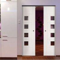 Deanta Pamplona White Primed Flush Syntesis Double Pocket Door with Clear Glass