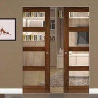 Deanta Coventry Walnut Prefinished Shaker Style Syntesis Double Pocket Door with Clear Glass