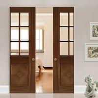 Deanta Kensington Walnut Prefinished Syntesis Double Pocket Door with Clear Bevelled Glass