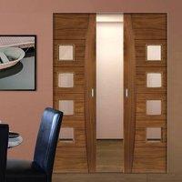 Deanta Pamplona Walnut Prefinished Syntesis Double Pocket Door with Clear Glass