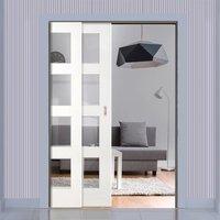 Deanta Twin Telescopic Pocket Coventry White Primed Shaker Doors - Clear Glass