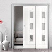 Deanta Twin Telescopic Pocket Ely White Primed Doors - Clear Glass