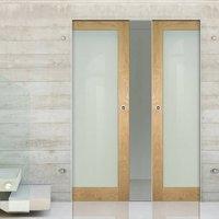 Deanta Walden Oak Syntesis Double Pocket Door with Frosted Glass, Unfinished