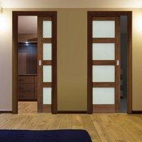 Deanta Unilateral Pocket Coventry Walnut Prefinished Shaker Style Door with Frosted Glass