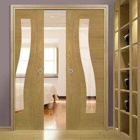 Deanta Double Pocket Contemporary Design Cadiz Oak Prefinished Door with Clear safety Glass