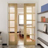 Deanta Double Pocket Bristol Oak Unfinished Door with 10 Pane Clear bevelled Safety Glass