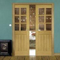 Deanta Double Pocket Ely Unfinished Oak Door with Clear Bevelled Safety Glass