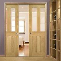 Deanta Double Pocket Eton Real American White Oak Veneer Door with Clear Safety Glass, Unfinished