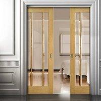 Deanta Double Pocket Norwich Real American Oak Veneer Door with Clear Bevelled Safety Glass, Unfinished