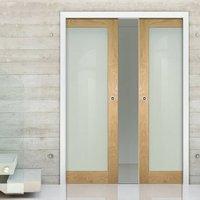 Deanta Double Pocket Walden Real American Oak Veneer Door with Frosted Safety Glass, Unfinished