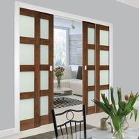 Deanta Quad Telescopic Pocket Coventry Walnut Veneer Shaker Style Doors - Frosted Glass - Prefinished