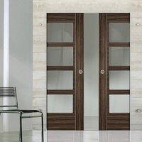Deanta Calgary Flush Syntesis Double Pocket Door with Clear Glass, Abachi Wood, Prefinished