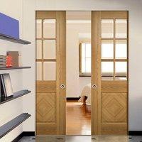 Deanta Kensington Oak Panel Syntesis Double Pocket Door with Clear Bevelled Glass, Prefinished