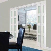 Deanta Quad Telescopic Pocket Coventry White Primed Shaker Doors - Frosted Glass