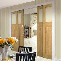 Deanta Quad Telescopic Pocket Cambridge Period Oak Veneer Doors - Frosted Safety Glass - Unfinished