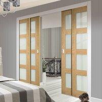 Deanta Quad Telescopic Pocket Coventry Shaker Style Oak Veneer Doors - Frosted Safety Glass - Unfinished