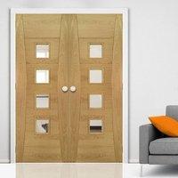 Deanta Pamplona Oak Flush Door Pair with Clear Glass, Prefinished