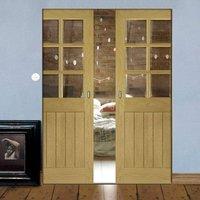 Deanta Ely Oak Syntesis Double Pocket Door with Clear Bevelled Glass, Prefinished