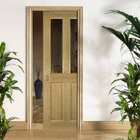 Deanta Single Pocket Bury Real American White Oak Crown Cut Veneer Door with Clear Bevelled Glass, Prefinished