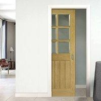 Deanta Single Pocket Ely Unfinished Oak Door with Clear Bevelled Safety Glass