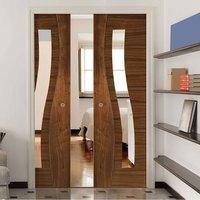 Deanta Double Pocket Contemporary Design Cadiz Walnut Prefinished Door with Clear safety Glass