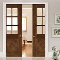 Deanta Double Pocket Kensington Walnut Prefinished Door with Clear Bevelled Safety Glass