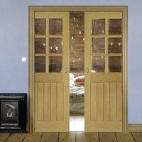 Deanta Double Pocket Ely Real American White Oak Veneer Door with Clear Bevelled Safety Glass, Prefinished