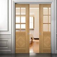 Deanta Double Pocket Kensington Oak Panel Door with Clear Bevelled Safety Glass, Prefinished