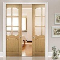 Deanta Double Pocket Louis Real American Oak Veneer Door with Clear Bevelled Safety Glass, Unfinished