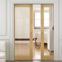 Deanta Double Pocket Walden Real American Oak Veneer Door with Clear Safety Glass, Unfinished