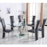 Derby V Glass Dining Table In Clear With 6 Collete Black Chairs