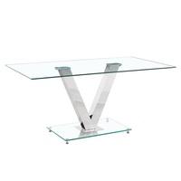 derby glass dining table in clear with v shape chrome legs