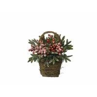 Decorated Christmas basket Snow effect with berries and cones Green/Red #318846