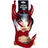 Devil Set, Red, With Horns, Tail And Bow Tie, Fabric
