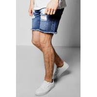 Denim Shorts With Frayed Hem - mid blue