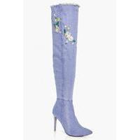 Denim Embroidered Thigh Boot - denim