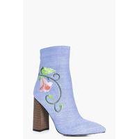 Denim Embroidered Sock Boot - blue