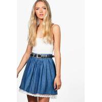 Denim Lace Hem Skater Skirt - indigo