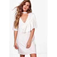 Deep V Frill Choker Shift Dress - white