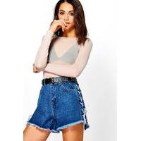 Denim Lace Up Side Fray Hem Shorts - mid blue