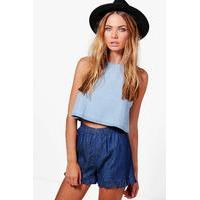 Denim Look Ruffle Hem Shorts - blue