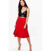 Deep Waistband Scalloped Hem Full Midi Skirt - red