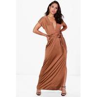 Deep Plunge Tie Waist Maxi Dress - bronze
