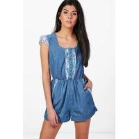 Denim Playsuit With Lace Detail - blue