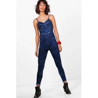 Denim Strappy Catsuit - mid blue