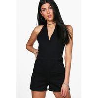 Denim Plunge Front Festival Playsuit - black